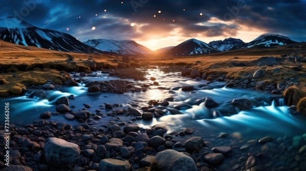 Obraz Sundown landscape of river with mountains in background