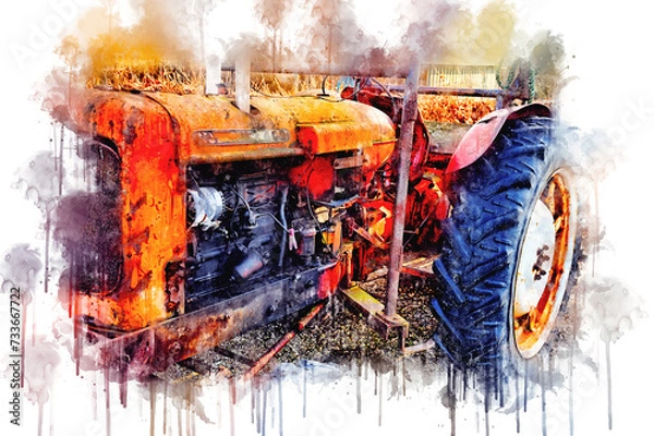 Obraz Old tractor parked on field