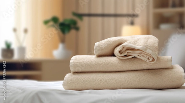 Fototapeta The pile of clean beige towels on the table in the bed