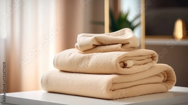 Fototapeta The pile of clean beige towels on the table in the bed