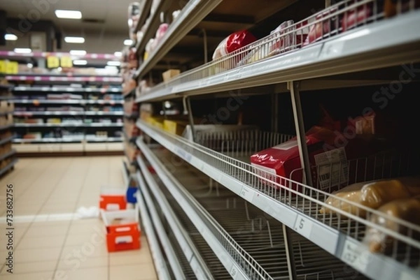 Fototapeta Spacious supermarket room with empty shelves and baskets