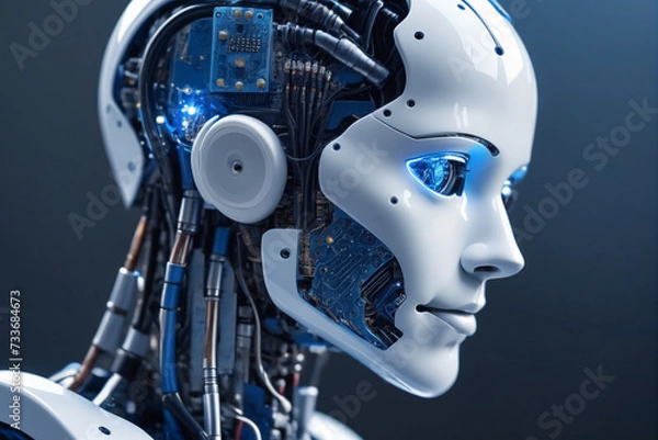 Fototapeta A profile view of a humanoid robot with a visible intricate blue circuitry inside the head, reflecting advanced artificial intelligence technology - AI