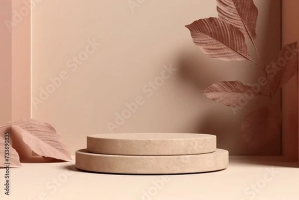 Fototapeta Wooden podium with leaf shadow, beige background. Cosmetics promotion mockup. Stone step pedestal. Minimalist banner, 3D render illustration. Generative AI