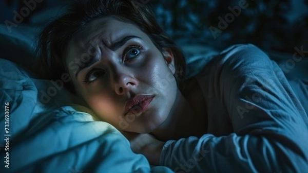 Fototapeta woman in bed late trying to sleep suffering insomnia, sleepless or scared in a nightmare, looking sad worried and stressed. Tired and headache or migraine waking up in the middle of the night.
