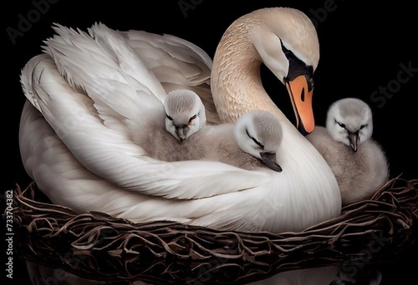Fototapeta swan and cygnets. Generative AI