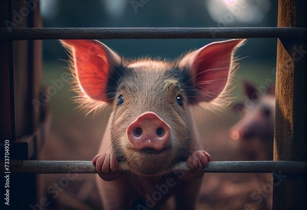 Fototapeta little pretty baby pig peeking out from behind fence at pig farm. Generative AI