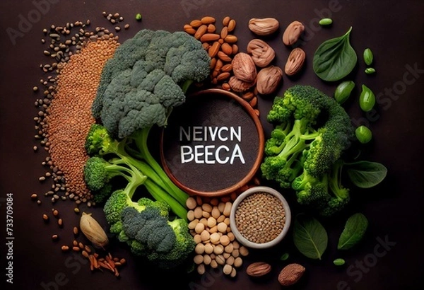 Fototapeta Vegan protein source. Legumes, beans, lentils, nuts, broccoli, spinach and seeds. Top view with copy space. Healthy vegetarian food. Generative AI