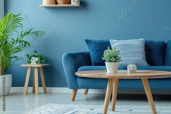 Fototapeta Round coffee table near blue sofa. Wooden shelf with home decor
