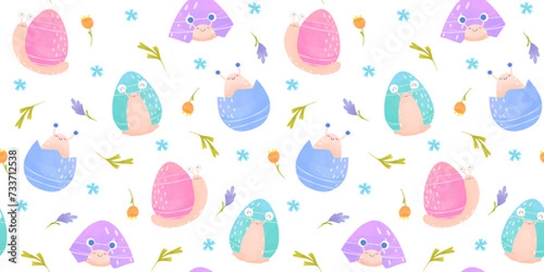Fototapeta Seamless easter pattern snails in an eggs watercolor style, spring pattern with flowers and snails, Easter eggs seamless pattern, flowers and branches, Cornflowers, spring print for textiles