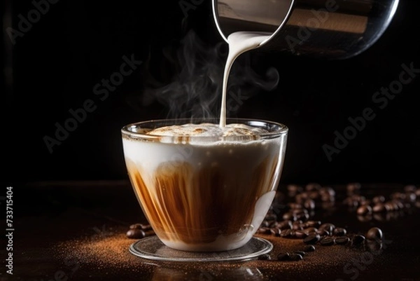 Fototapeta Cappuccino Pour: Slow-motion pour of frothy milk into a shot of espresso.