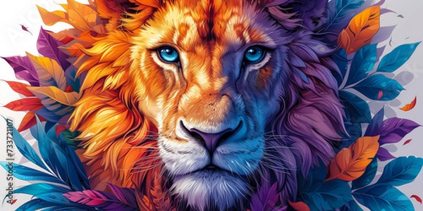 Fototapeta Colorful portrait of a lion in the style of detailed botanical illustrations. T-shirt design concept. Cartoon, exotic atmosphere, white background.
