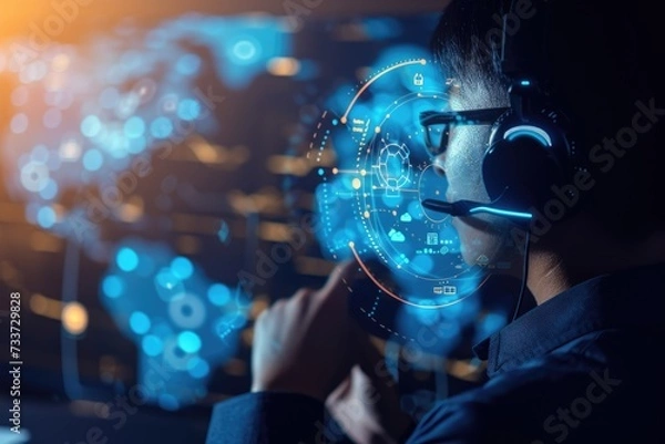 Fototapeta Call Center customer interaction and customer satisfaction The background image is a world map technology screen.