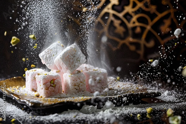 Fototapeta Delicate rosewater-infused Turkish delight, elegantly dusted with powdered sugar and pistachio crumbs, set against a backdrop of intricate arabesque p
