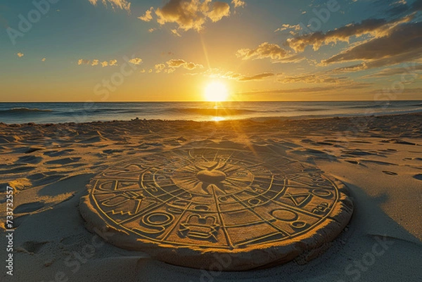 Fototapeta A serene beach setting with zodiac sign creatively depicted in the sand, illuminated by the warm glow of the sunset.
