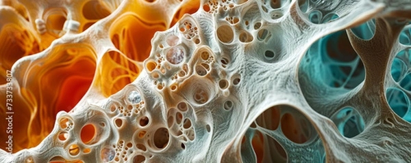 Fototapeta The formation process of bone mass within the human body, highlighting molecular interactions and cellular activity in a modern, informative style tha