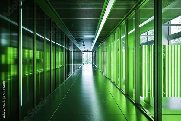 Fototapeta A green data center featuring advanced cooling technologies and energy-efficient server infrastructure, showcasing the integration of sustainable practices and futuristic design elements.