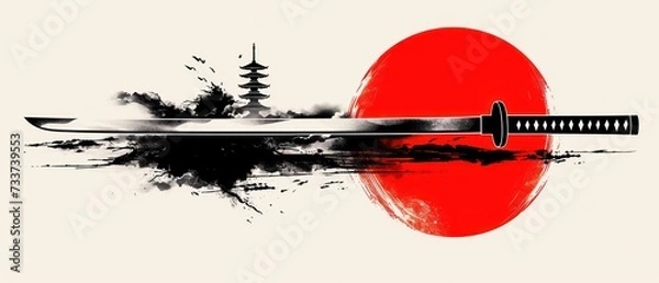 Fototapeta Double katana sword samurai ronin with red circle sun japanese style tattoo flat  icon design.