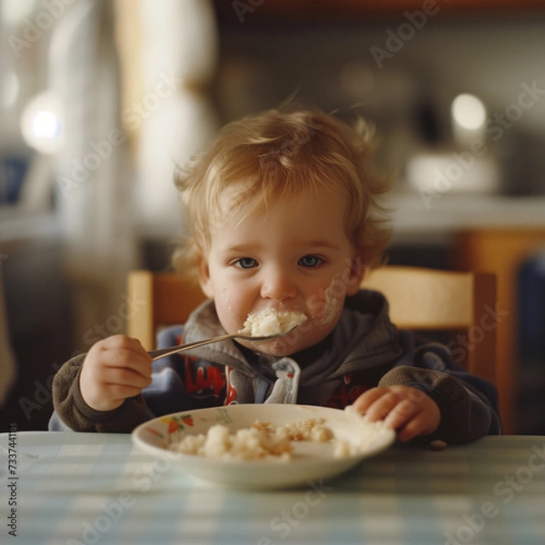 Fototapeta Cute toddler child  with spoon sitting in highchair and learning to eat