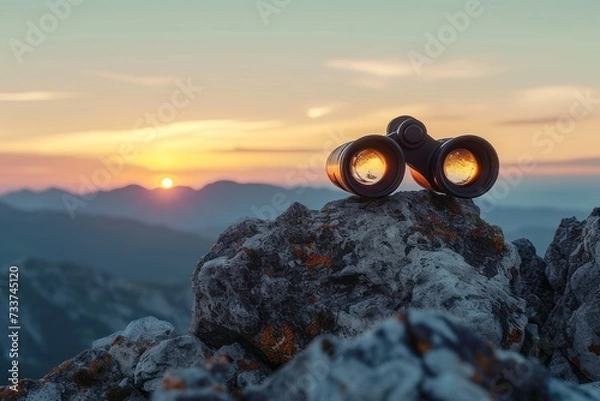 Fototapeta binoculars on top of rock mountain at beautiful sunset background.