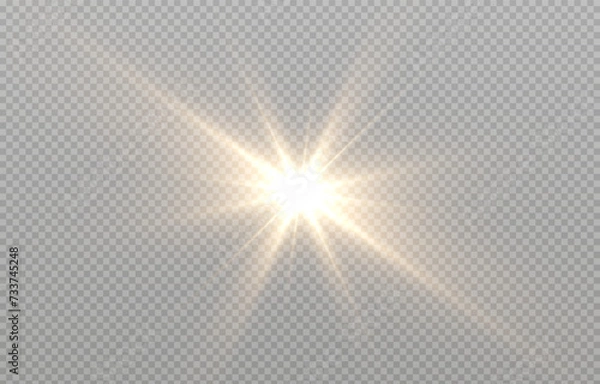 Obraz Vector light on isolated transparent background. Sun, rays of light png. Magic glow, golden light png