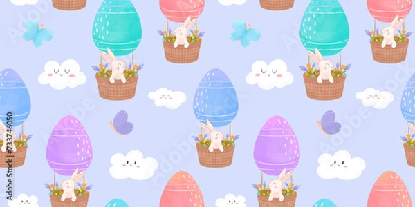 Fototapeta Easter bunnies Seamless pattern on an egg balloon, watercolor style, spring pattern with flowers and rabbits, Easter eggs seamless pattern, flowers and clouds, butterflies, spring print for textiles