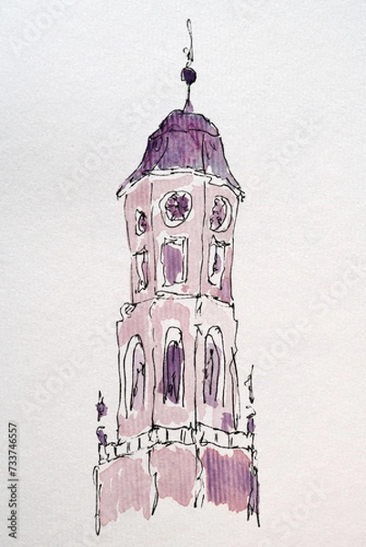 Fototapeta City sketch created with black ink and watercolor. Color illustration on watercolor paper