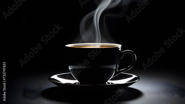 Fototapeta An image of a cup of warm coffee on a black background. Generative ai.