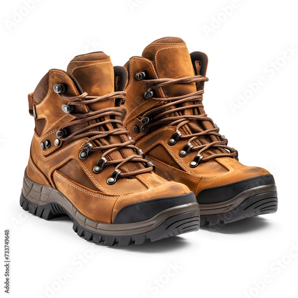 Fototapeta Pair of mens brown leather work boots isolated on a white background. Generative AI.