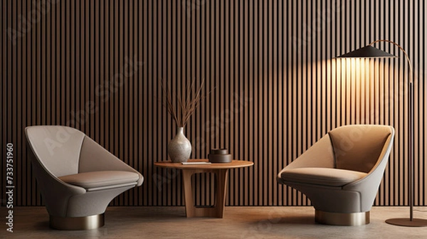 Obraz Modern living space with two elegant chairs a small table unique vase ambient lighting and textured wooden wall panels