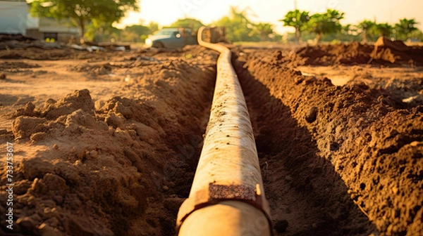 Fototapeta Long rusty pipe running through a trench in sunlit soil with construction and trees in the background
