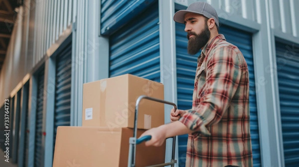 Obraz Handsome bearded man loading cart with cardboard boxes into self storage unit