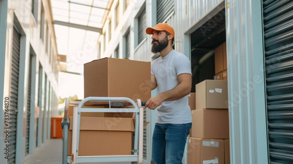 Obraz Handsome bearded man loading cart with cardboard boxes into self storage unit