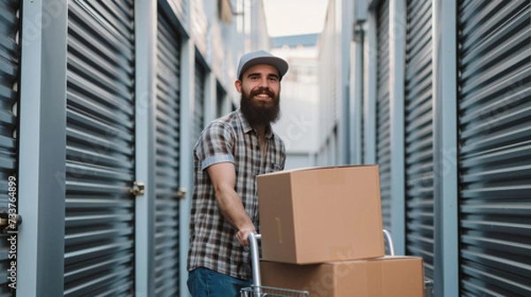 Obraz Handsome bearded man loading cart with cardboard boxes into self storage unit
