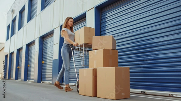Obraz Woman loading cart with cardboard boxes into self storage unit