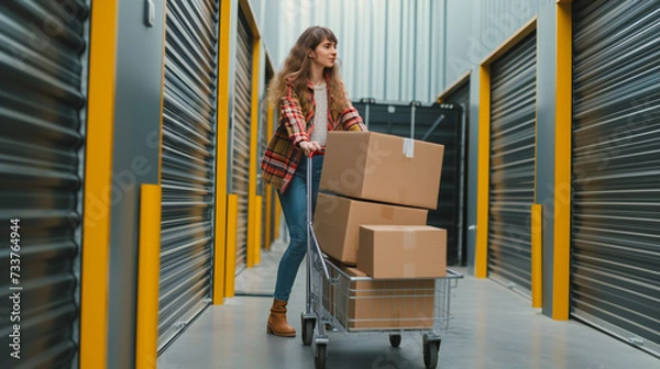 Obraz Woman loading cart with cardboard boxes into self storage unit