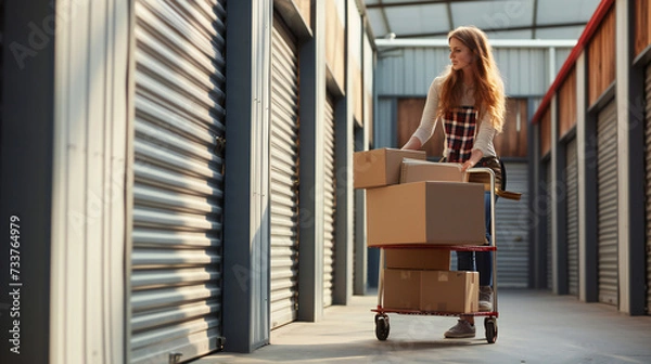 Obraz Woman loading cart with cardboard boxes into self storage unit