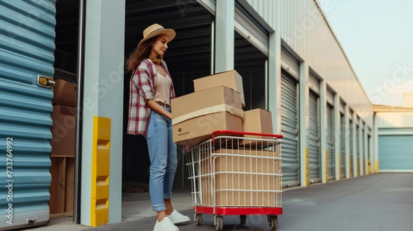 Obraz Woman loading cart with cardboard boxes into self storage unit