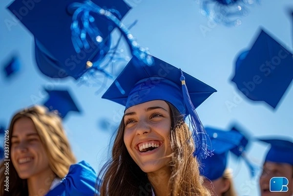 Fototapeta A close-up photograph of a group of cheerful students throwing graduation hats in the air, celebrating. Students are laughing and smiling, some holding certificates.
