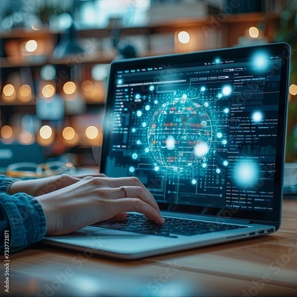 Fototapeta Close-up of a student's hands typing code on a laptop in a university auditorium during a lecture, showcasing higher education in computer science.