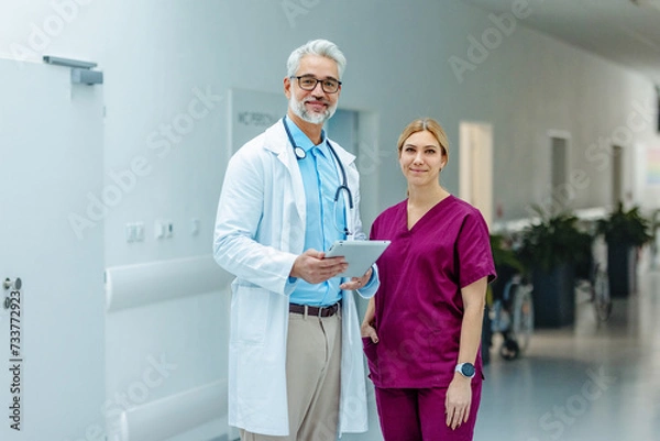 Fototapeta Portrait of medical team, doctor and nurse in uniform, standing in the hospital corridor, looking at the camera and smiling.