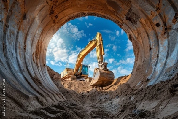 Fototapeta A powerful caterpillar excavator digs the ground against the blue sky. View from a large concrete pipe