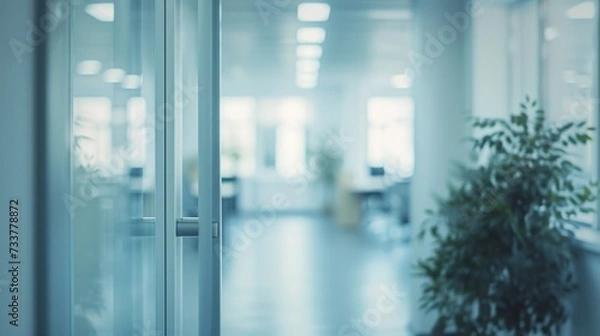 Fototapeta Bright and modern office corridor with sunlight streaming through glass doors, creating a welcoming business environment.