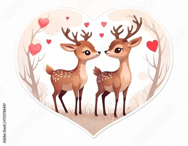 Obraz two deer with little hearts around them. They are facing each other, and there is a heart-shaped wreath