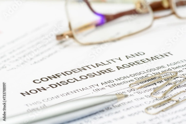 Fototapeta Blue pen on a confidentiality and non-disclosure agreement form. A confidentiality and non-disclosure agreement form safeguards sensitive information, outlining obligations, exceptions, and remedies.