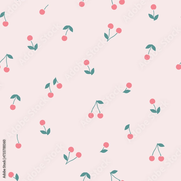 Fototapeta Vector seamless cherry pattern on a light pink background. Hand-drawn illustration of summer fruits. The fresh design is great for wallpaper or gift wrapping.