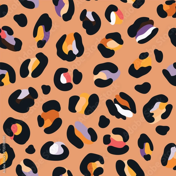 Fototapeta Leo seamless pattern. Random placed, abstract multi colored shapes, wildcat skin imitate. Animal skin all over surface print for fabric, paper, package. Leopard vector background. Modern wallpaper