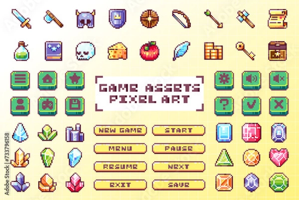 Obraz Pixel Game UI Retro 8bit Icons, Buttons and Signs - Start, Pause, Save Buttons, Sword, Armor, Coins, Arrow Symbols, Setting Menu, Favorite, Exit, OK, Treasure, Monster, Skill, Gemstone, Jewel Elements