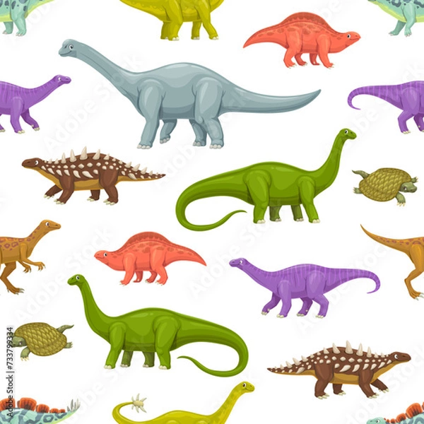 Fototapeta Cartoon dinosaur characters seamless pattern. Fabric funny backdrop, textile vector print with Polacanthus, Eoraptor, Lotosaurus and Wuerhosaurus, Shunosaurus, Haplocanthosaurus dinosaur personages