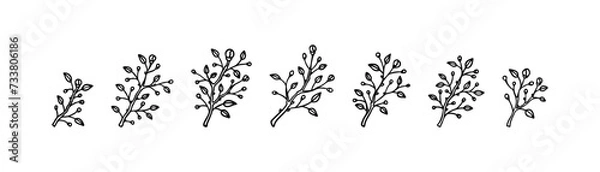 Fototapeta Spring blooming outline branch set. Black and white hand drawn flowering plant minimalist icons. Minimal modern design element for greeting cards, wedding invitations, beauty and spa salon logo
