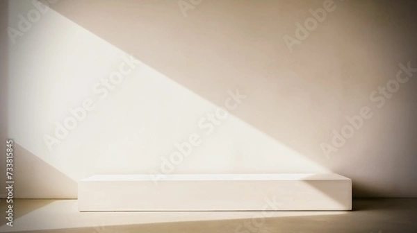 Fototapeta AI generated illustration of a sunlit empty room featuring a stand in the center in cream colors